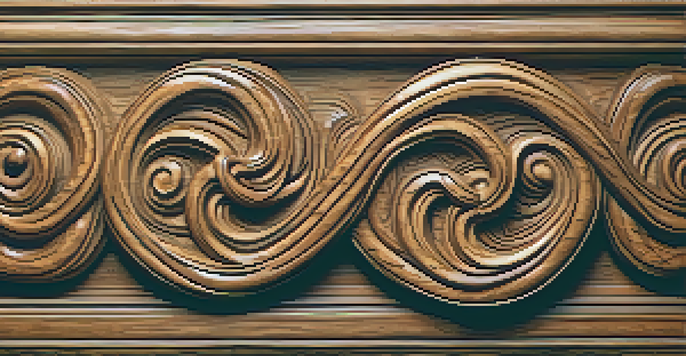 Close-up of an aged wooden carving with intricate details and natural knots, illuminated by warm lighting.