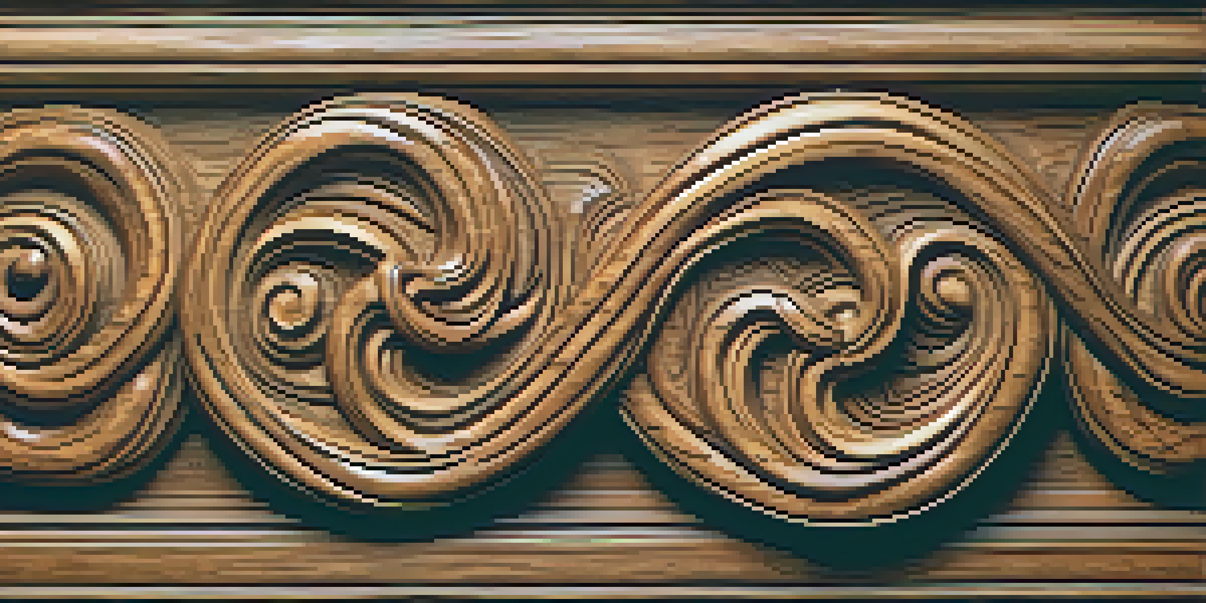 Close-up of an aged wooden carving with intricate details and natural knots, illuminated by warm lighting.