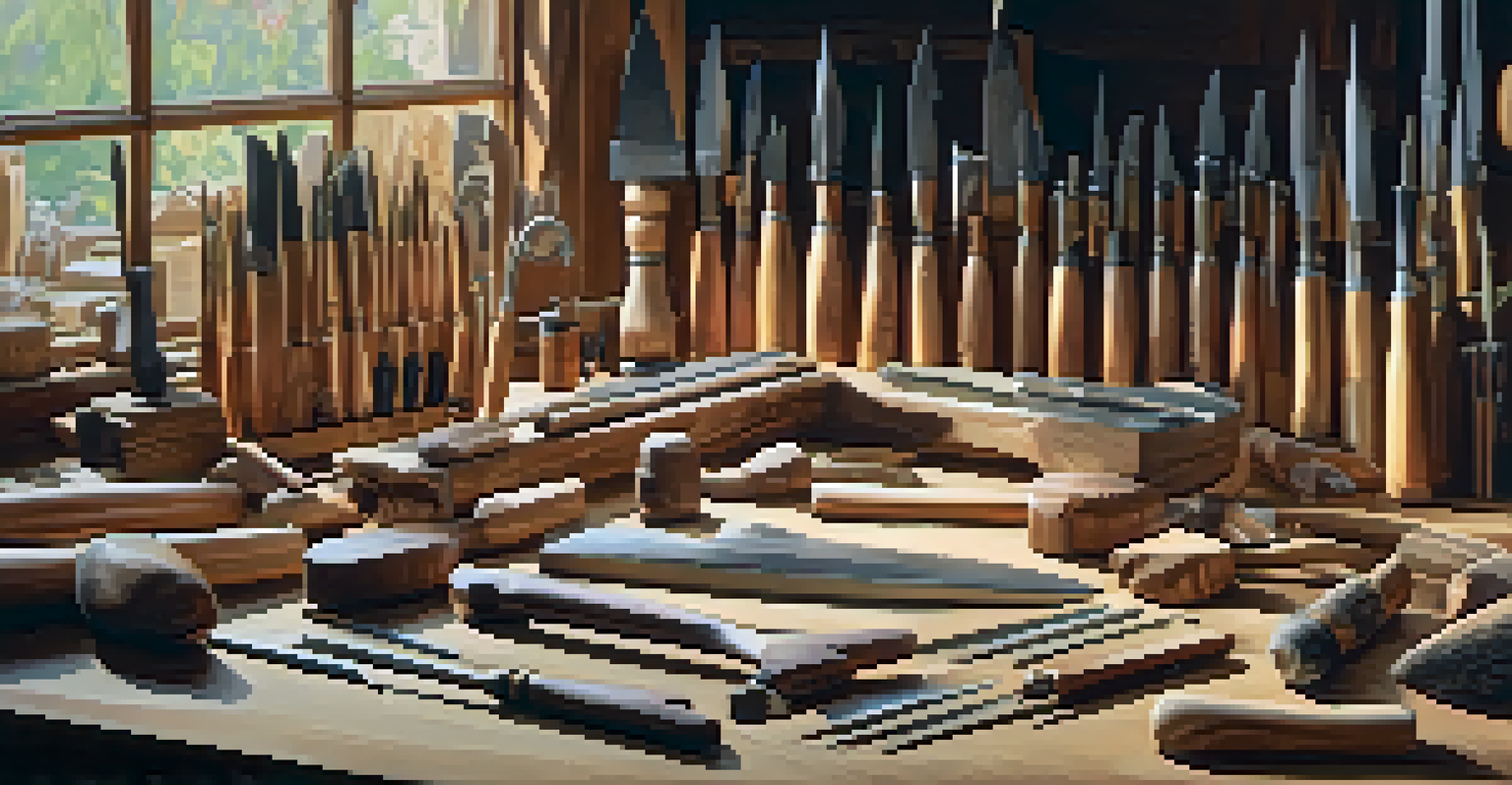 An organized workbench with wood carving tools and an unfinished piece of wood.