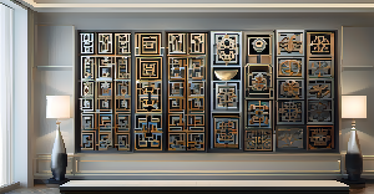 A collection of finished metal carvings with geometric patterns displayed on a pedestal, showcasing various textures and finishes.