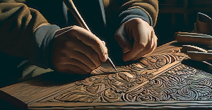 A close-up of a skilled artisan's hands carving intricate patterns into dark wood in a softly lit workshop.