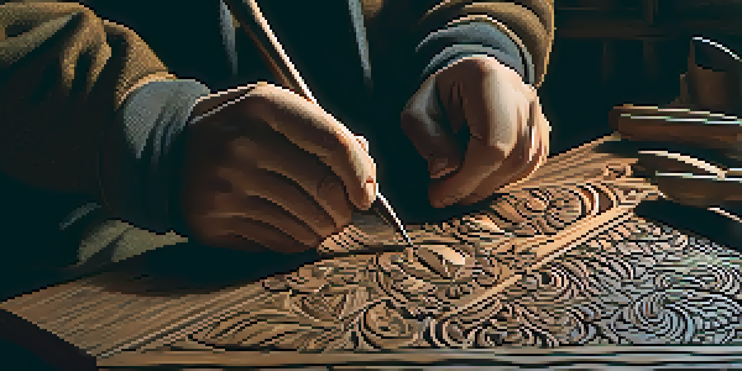 A close-up of a skilled artisan's hands carving intricate patterns into dark wood in a softly lit workshop.