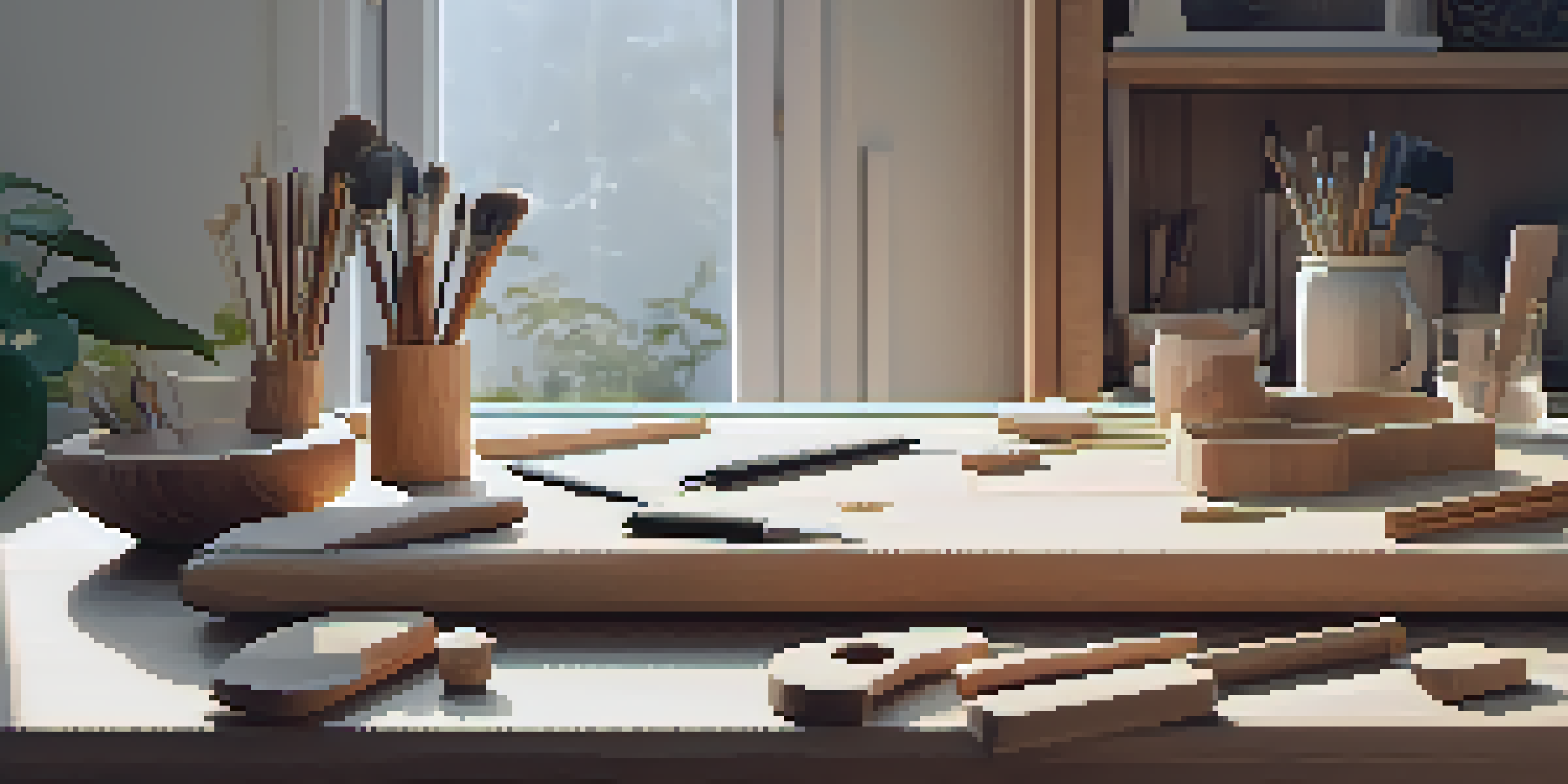 A tranquil workspace for carving, with tools and softwood blocks on a wooden table, illuminated by natural light from a window.