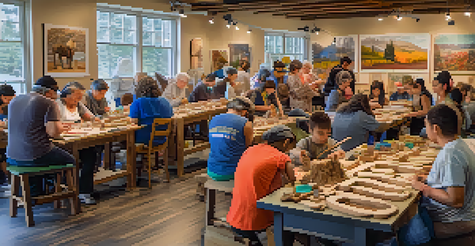 A community workshop with diverse participants carving wood and stone together.