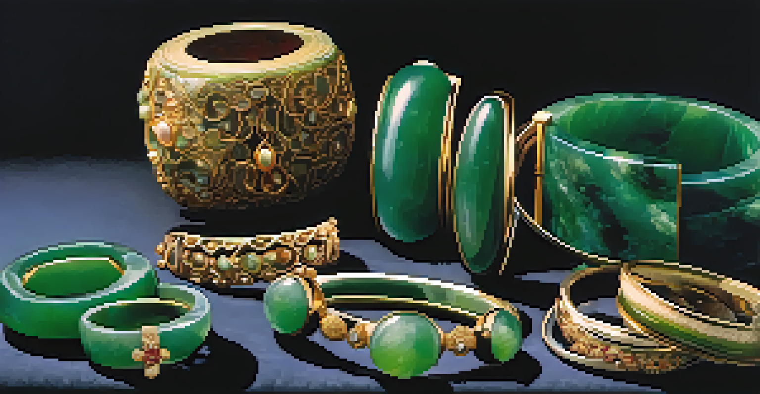 An artistic arrangement of jade jewelry pieces on a dark textured fabric, showcasing vibrant colors and enhanced luster through soft lighting.