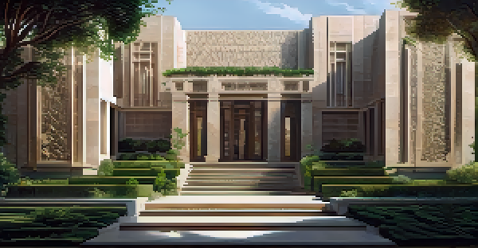 A modern building with a carved stone facade featuring intricate patterns, illuminated by soft sunlight, with greenery around it.