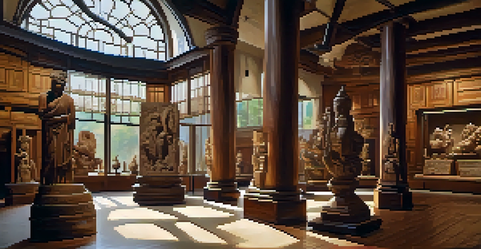 A gallery with intricately carved wooden sculptures illuminated by natural light, showcasing their craftsmanship against textured stone walls.