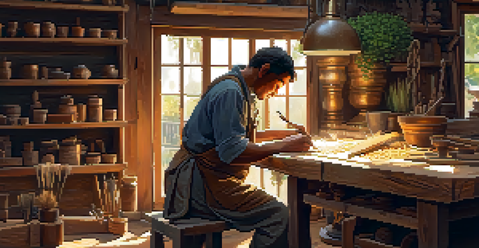 An artisan working on a piece of reclaimed wood in a cozy workshop filled with tools and plants.