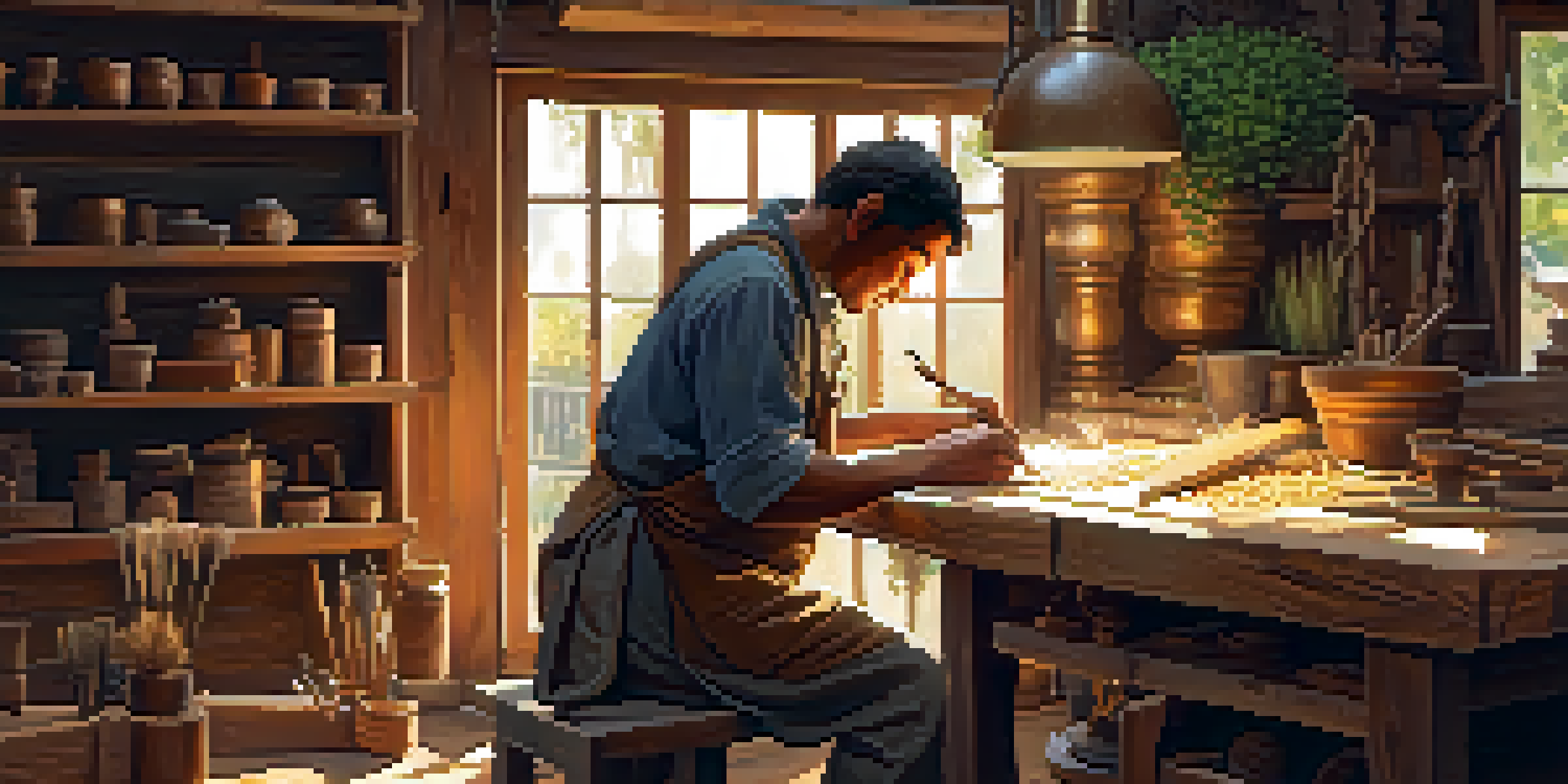 An artisan working on a piece of reclaimed wood in a cozy workshop filled with tools and plants.