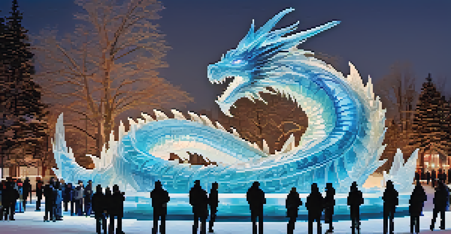 A detailed ice sculpture of a dragon illuminated with colorful lights, with judges and spectators admiring the work in a competition setting.