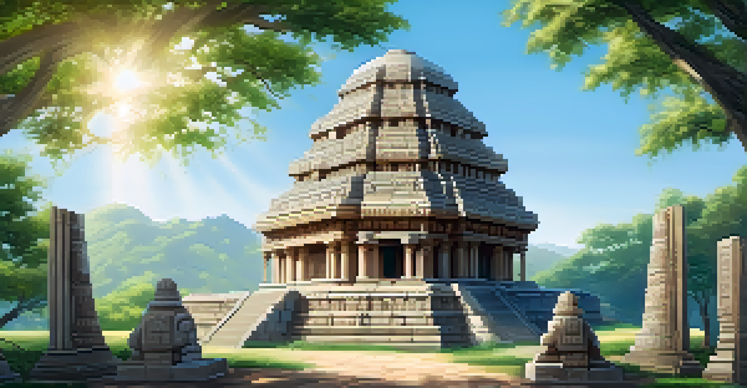 A restored ancient temple with intricate stone carvings under a clear blue sky surrounded by greenery.