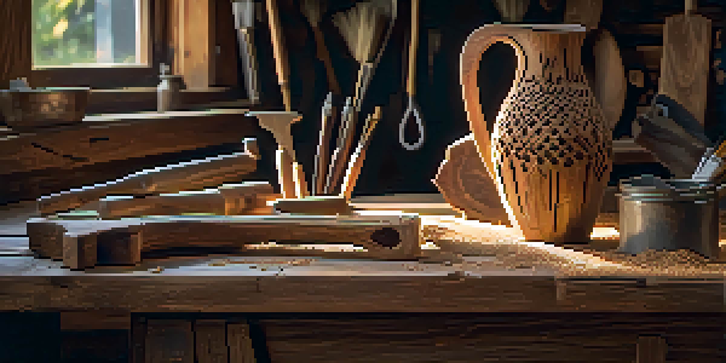 A beautifully carved wooden sculpture sitting on a rustic workbench, with warm lighting enhancing the textures of the aged wood and a blurred workshop in the background.