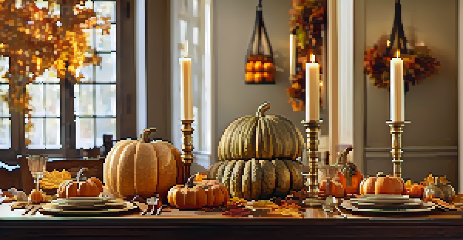 A beautifully decorated autumn table with carved pumpkins and a gourd turkey centerpiece, illuminated by soft candlelight and surrounded by autumn leaves.