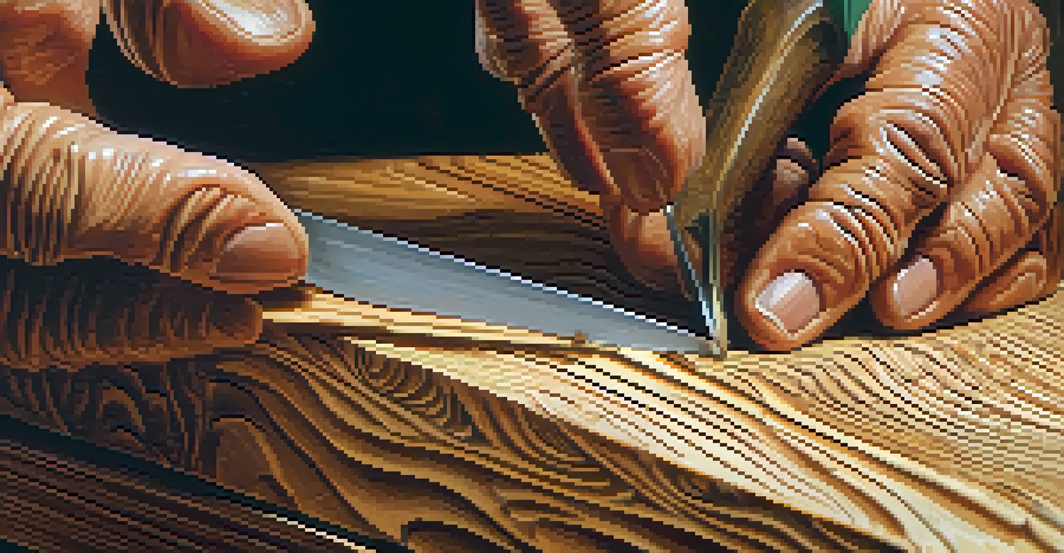 A close-up of hands carving intricate designs into wood with a knife, showcasing the texture of the wood and wood shavings.