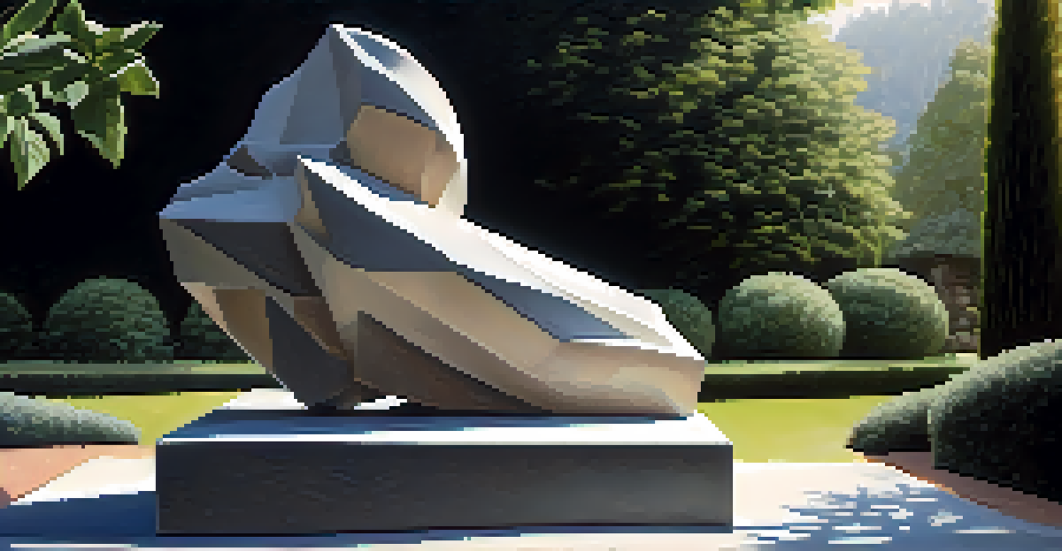 A partially completed stone sculpture with organic and geometric shapes, set in a green outdoor environment with sunlight.