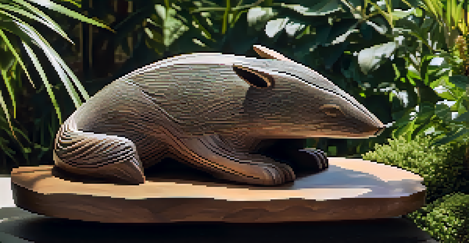 A detailed close-up of a wooden sculpture of a native animal on a stone pedestal, surrounded by native plants and filtered sunlight.