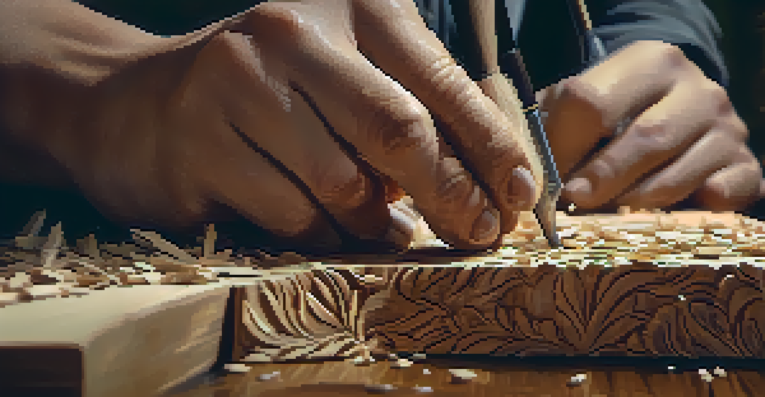 Close-up of hands carving wood with tools, surrounded by wood shavings.