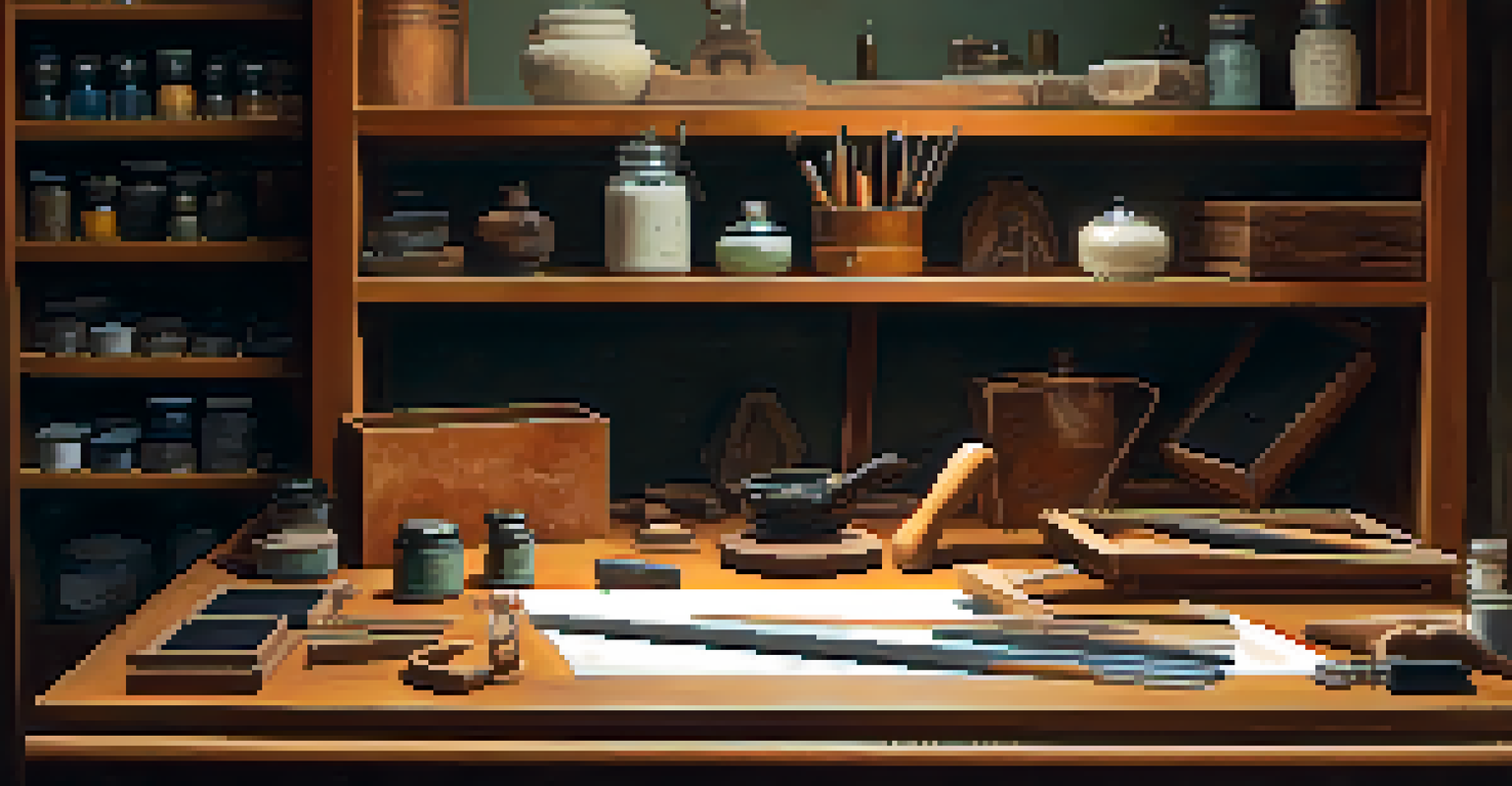 A serene workspace with organized sharpening tools and a clean carving tool, illuminated by warm light.