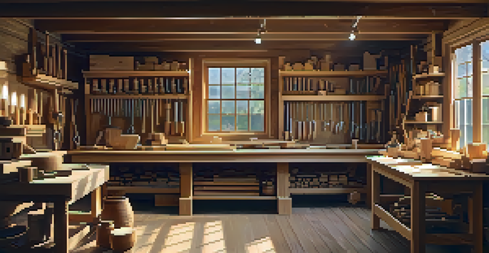 A warm and inviting woodworking workshop filled with tools and wood, with a wood carving project in progress.
