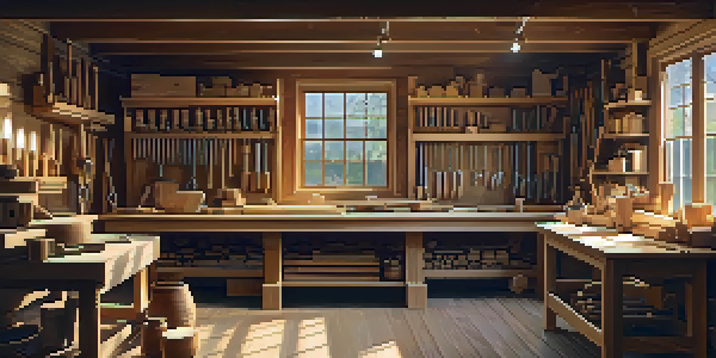 A warm and inviting woodworking workshop filled with tools and wood, with a wood carving project in progress.
