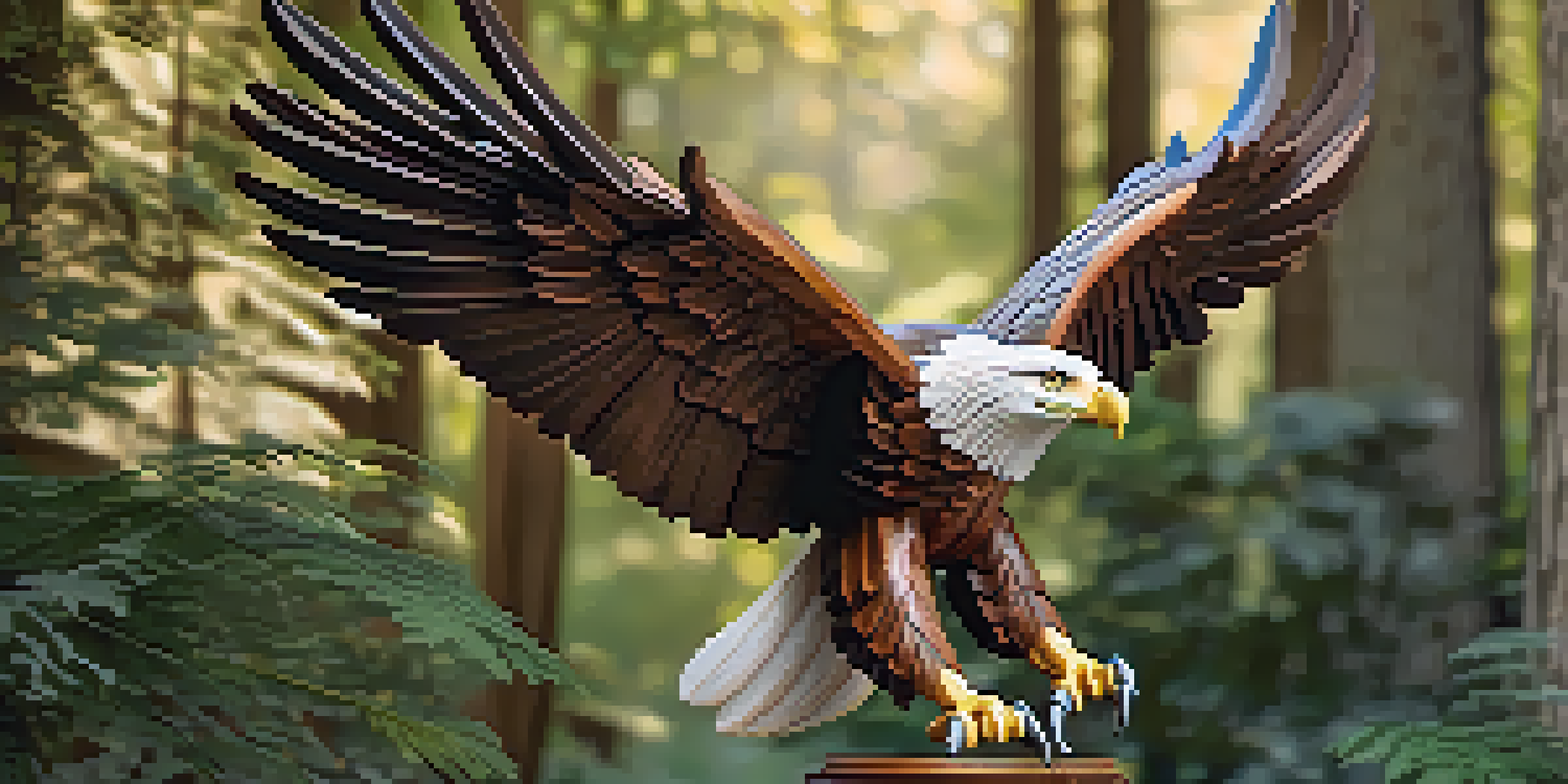 A detailed wooden sculpture of an eagle set in a forest with soft sunlight filtering through trees.