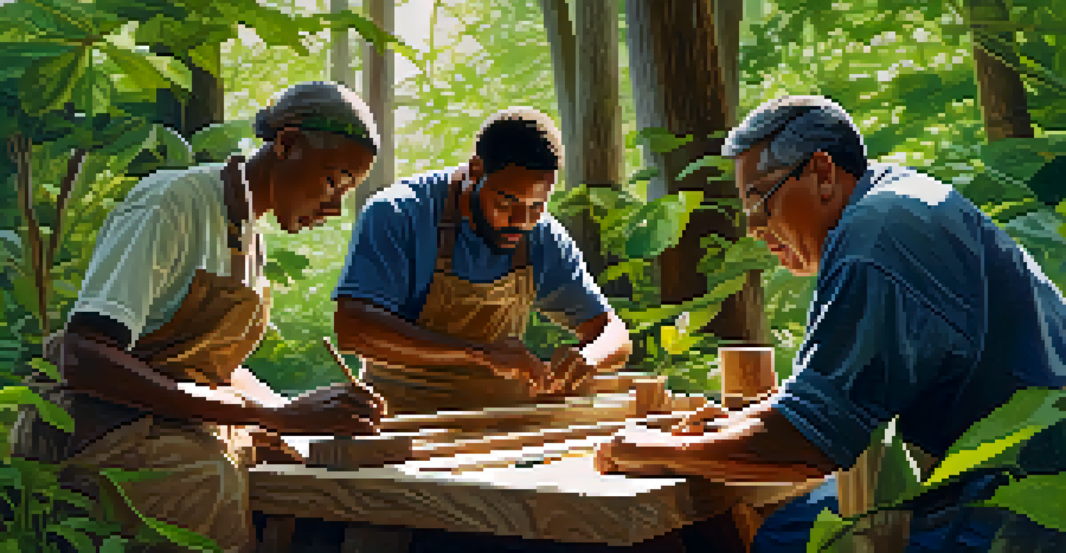A group of diverse individuals working together in a communal wood carving workshop surrounded by greenery.