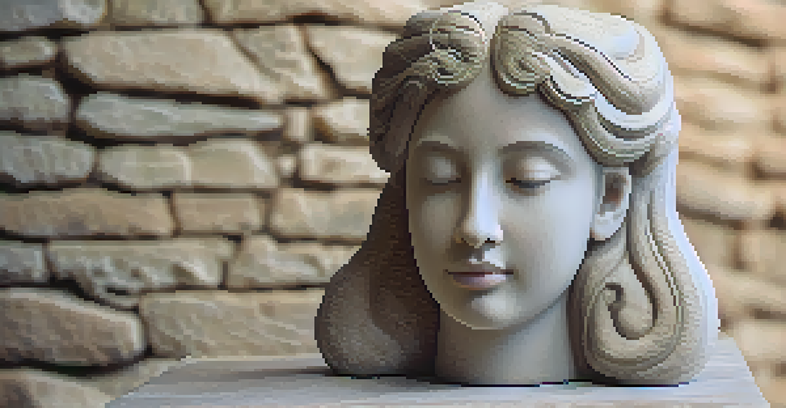 A close-up of a stone carving of a serene face on a stone pedestal, with soft focus background and ambient light enhancing the details.