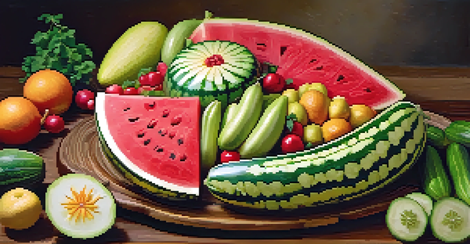 A platter of colorful food carvings including a carved watermelon flower and spiral-cut cucumbers and radishes on a wooden table.