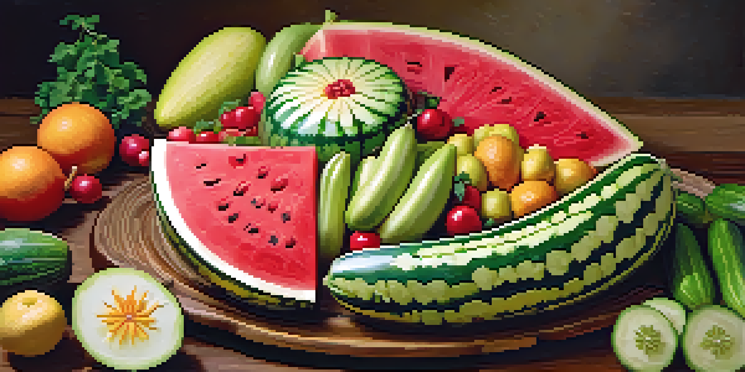 A platter of colorful food carvings including a carved watermelon flower and spiral-cut cucumbers and radishes on a wooden table.
