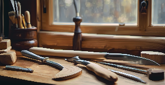 A collection of carving tools on a wooden workbench, showcasing chisels, gouges, and knives in soft lighting.