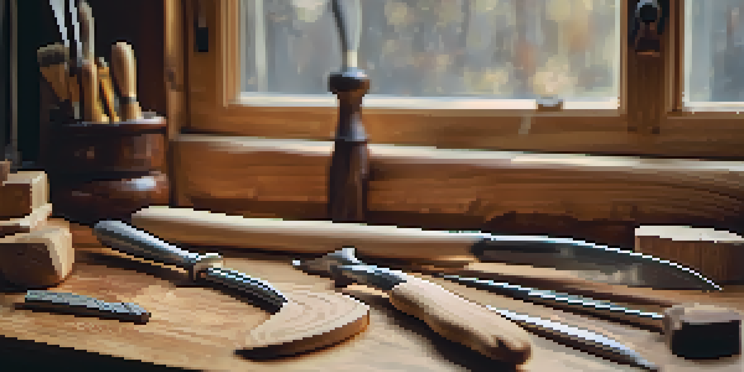 A collection of carving tools on a wooden workbench, showcasing chisels, gouges, and knives in soft lighting.