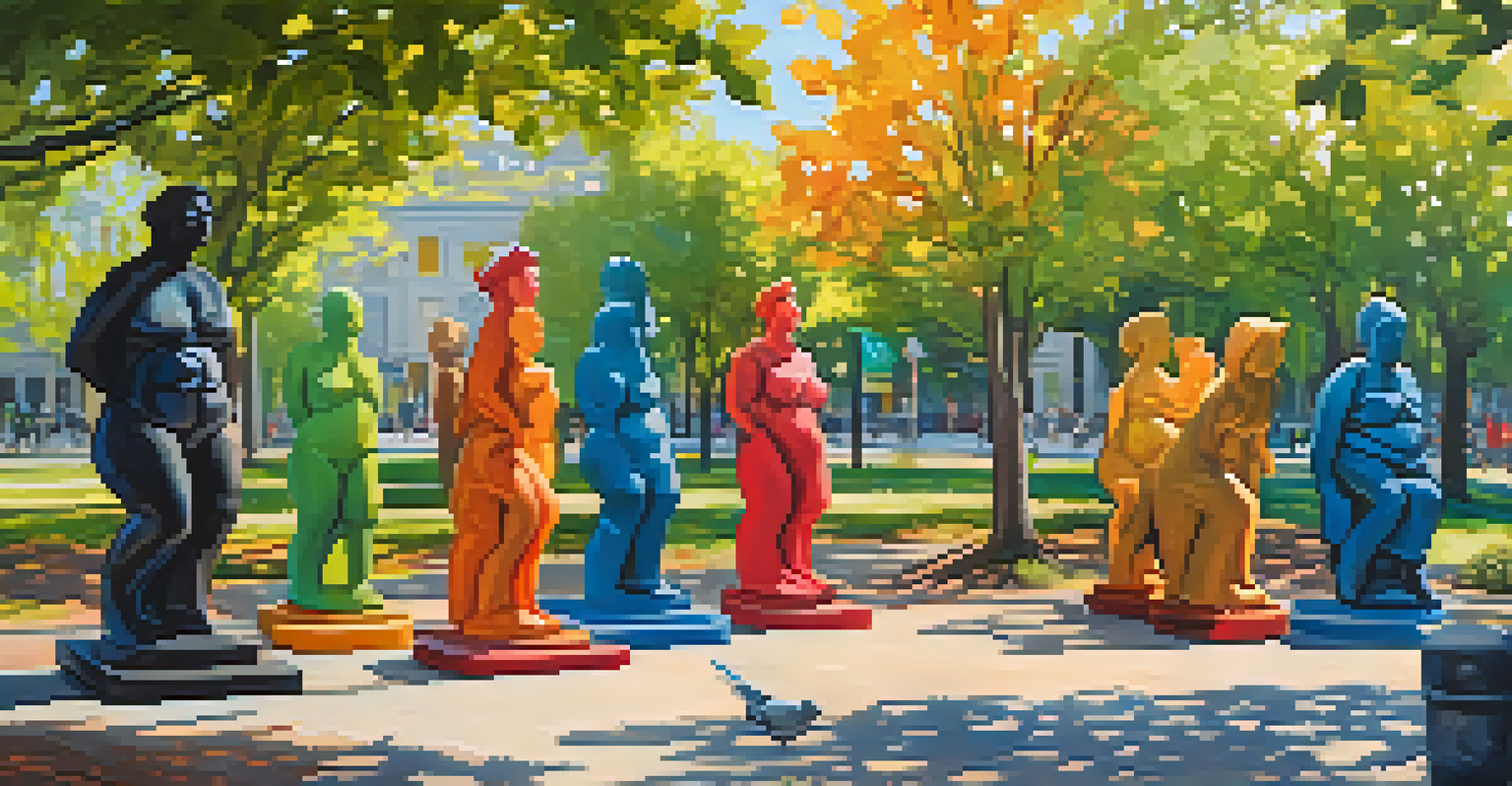 A public art installation with life-sized sculptures depicting emotions related to mental health, set in a vibrant park with people engaging with the art.
