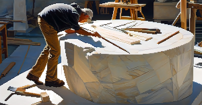 An artist chiseling a marble sculpture in a bright outdoor studio, showcasing tools and the textured stone work.
