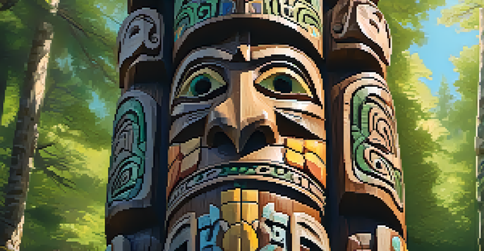 Close-up of an ancient wooden totem pole with intricate animal carvings in a green forest.