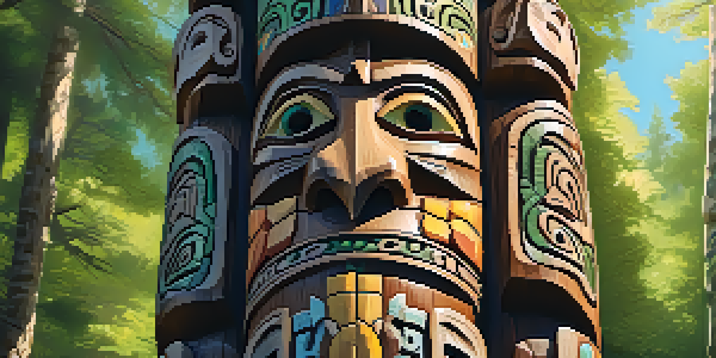 Close-up of an ancient wooden totem pole with intricate animal carvings in a green forest.