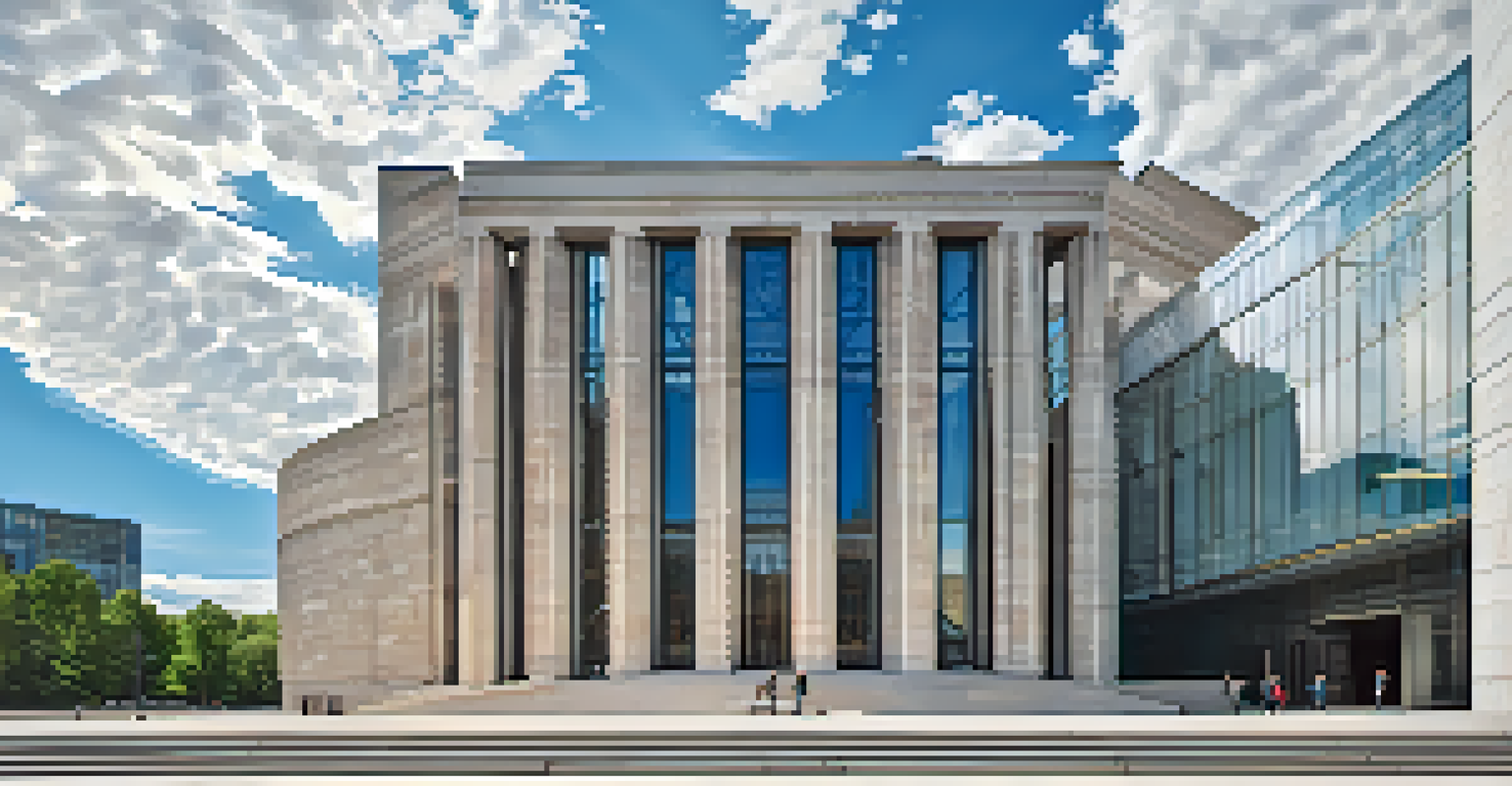 The National Gallery of Canada, showcasing a glass and granite façade with intricate carved stone details under a clear blue sky.