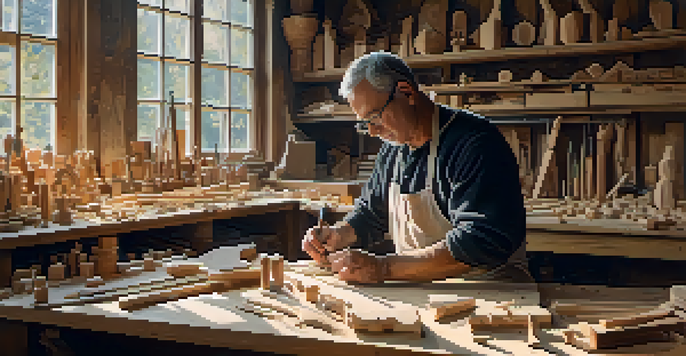 An artisan working on a basswood carving in a rustic workshop, with various tools and soft natural light.