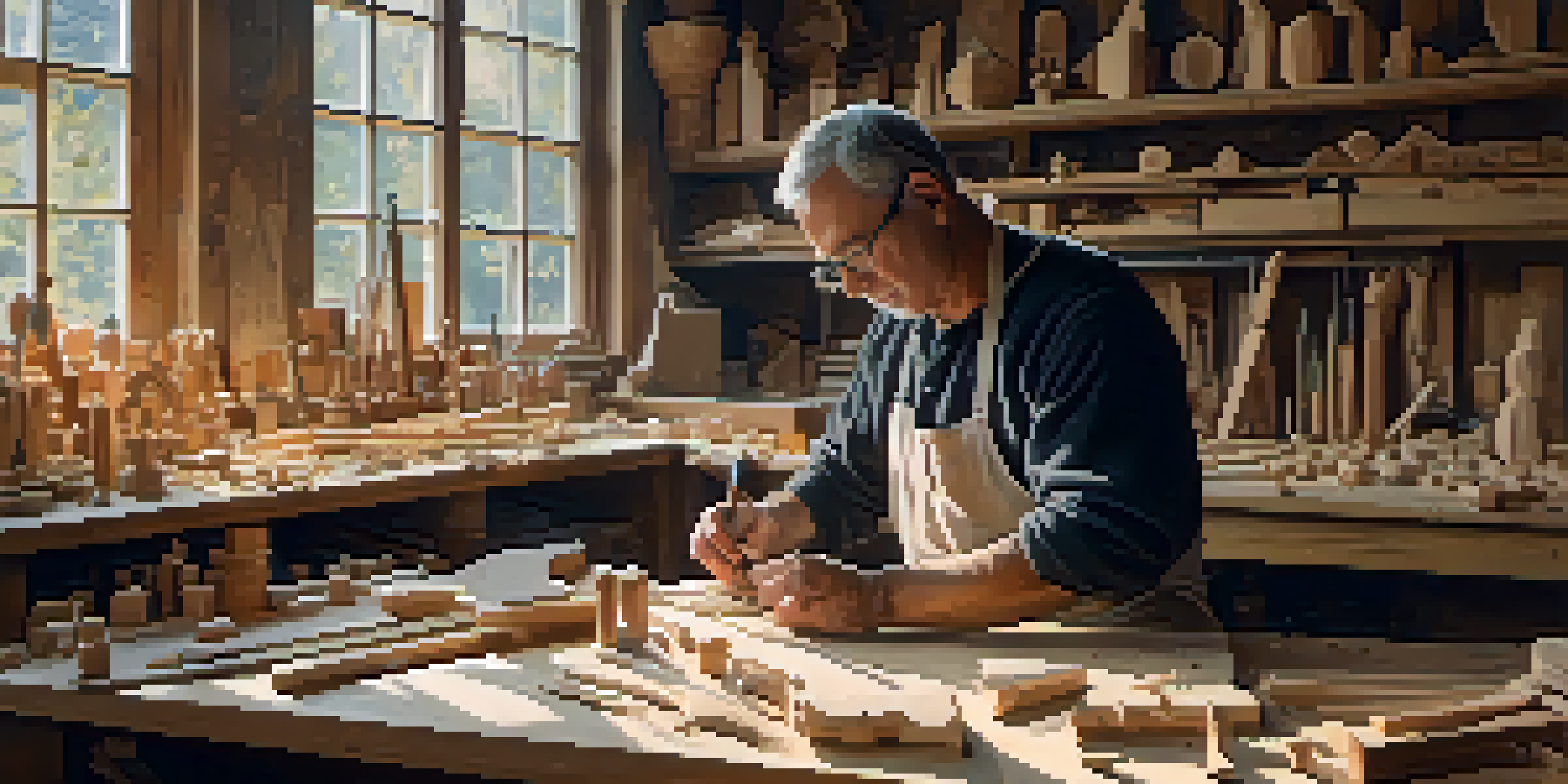 An artisan working on a basswood carving in a rustic workshop, with various tools and soft natural light.