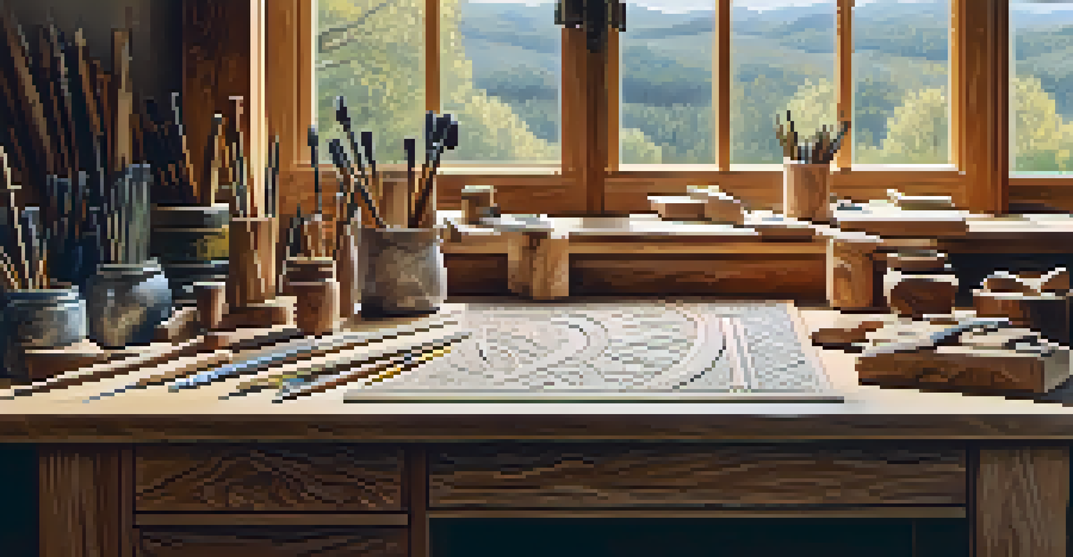 An artist's workspace with carving tools and a partially carved piece of wood, illuminated by natural light.