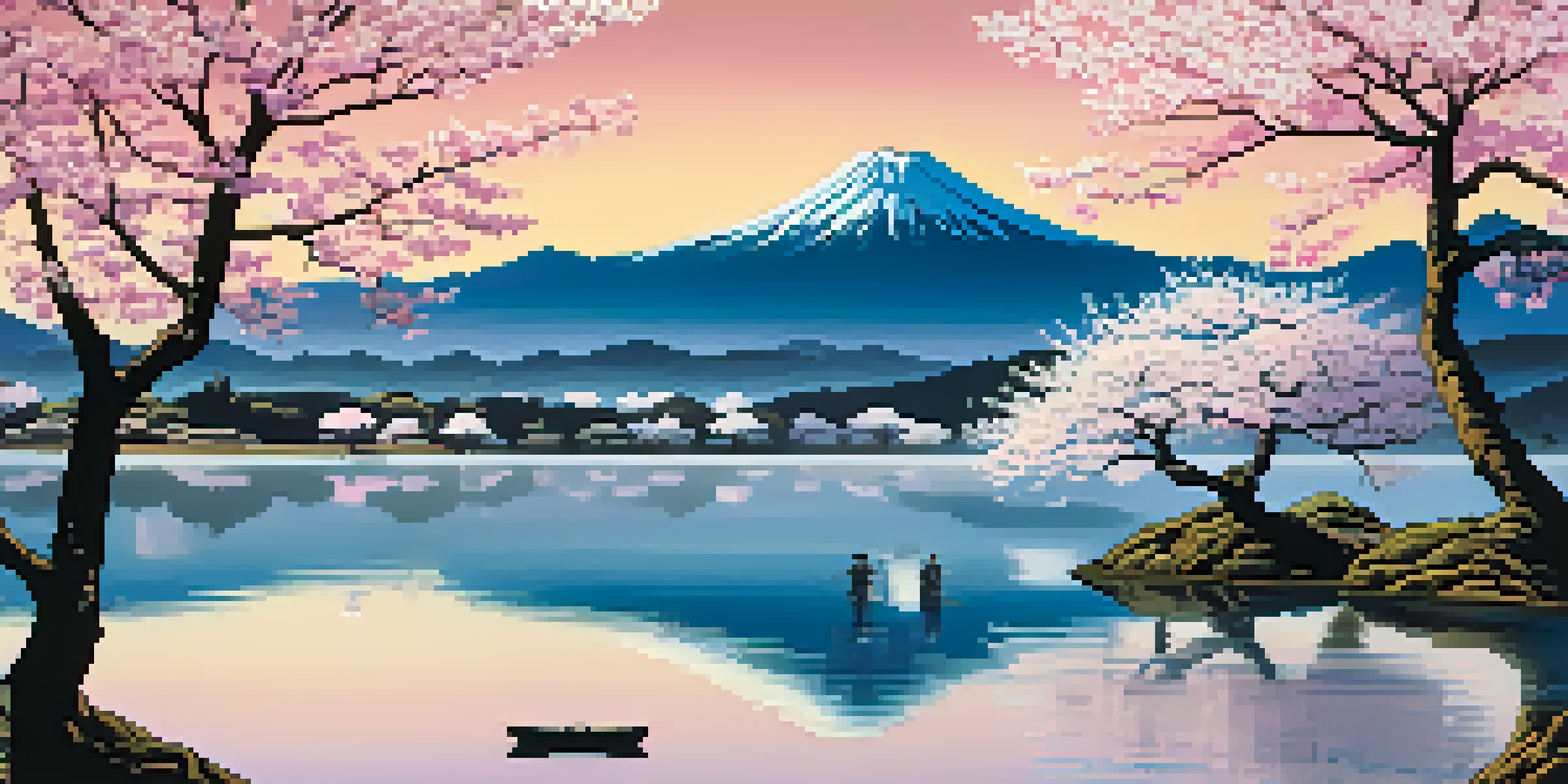 A peaceful landscape with blooming cherry blossoms, a river reflecting the flowers, and distant mountains under a blue sky.