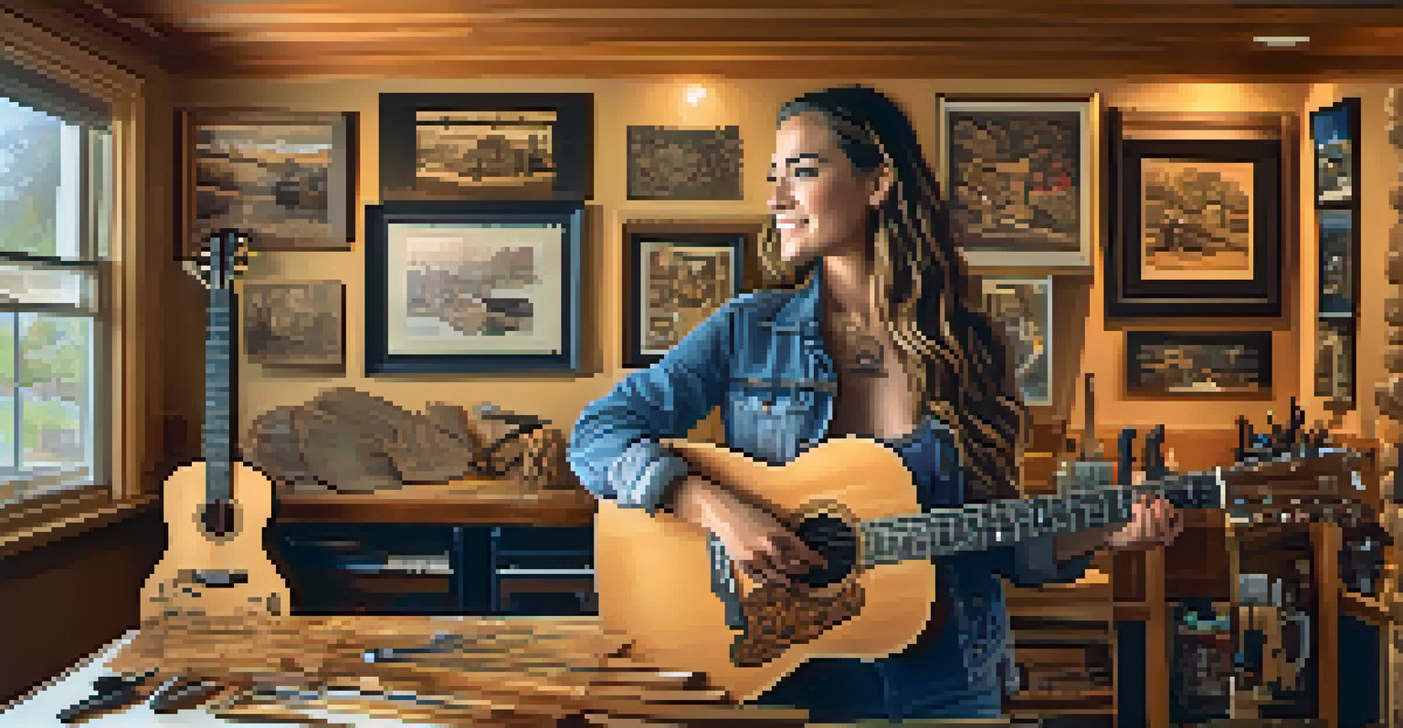 A woman beside her handcrafted guitar in a creative workspace, with wood shavings and tools around her, illuminated by warm light.