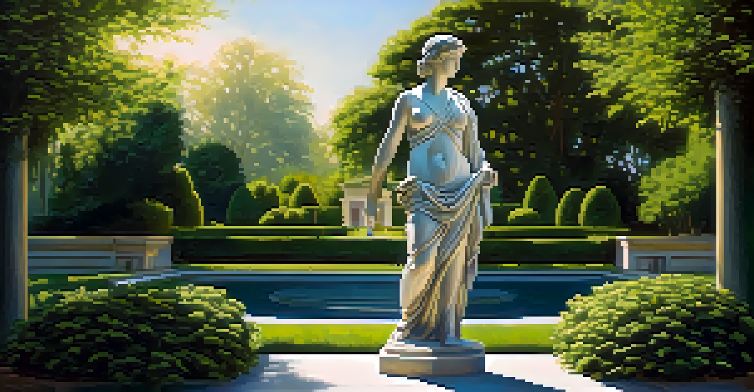 A famous ancient Greek sculpture displayed outdoors on a pedestal, surrounded by greenery and illuminated by sunlight, creating gentle shadows.