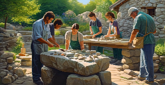 A group of artists working on stone carvings in a beautiful outdoor setting with trees and flowers.