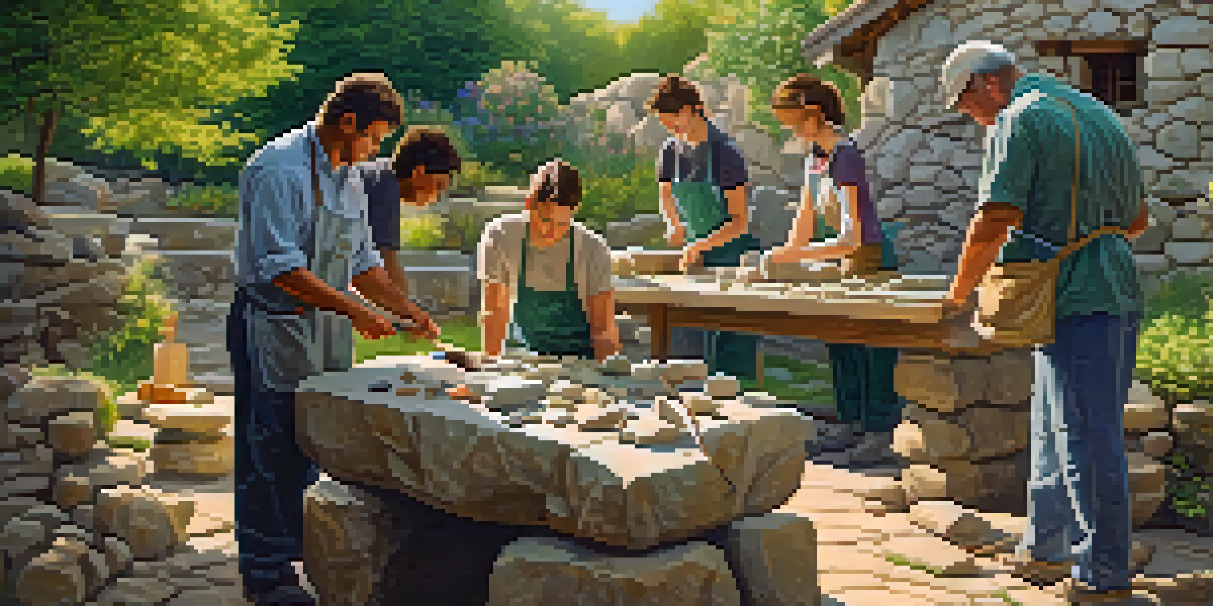 A group of artists working on stone carvings in a beautiful outdoor setting with trees and flowers.