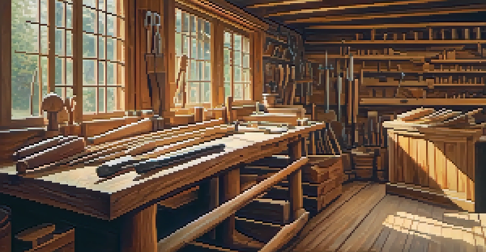 A bright woodworking workshop with various types of wood and tools on a wooden workbench, featuring a partially carved wooden figure.