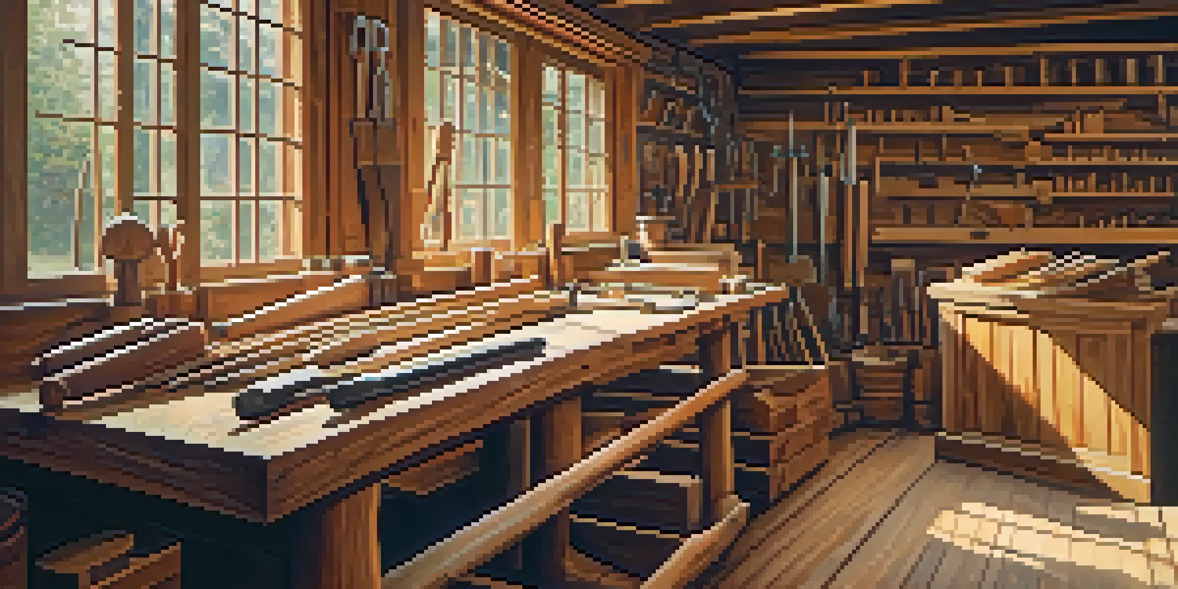 A bright woodworking workshop with various types of wood and tools on a wooden workbench, featuring a partially carved wooden figure.