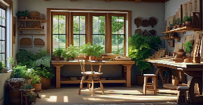 A cozy woodworking studio filled with natural light, featuring a wooden table with carving tools and green plants, evoking a peaceful and creative environment.