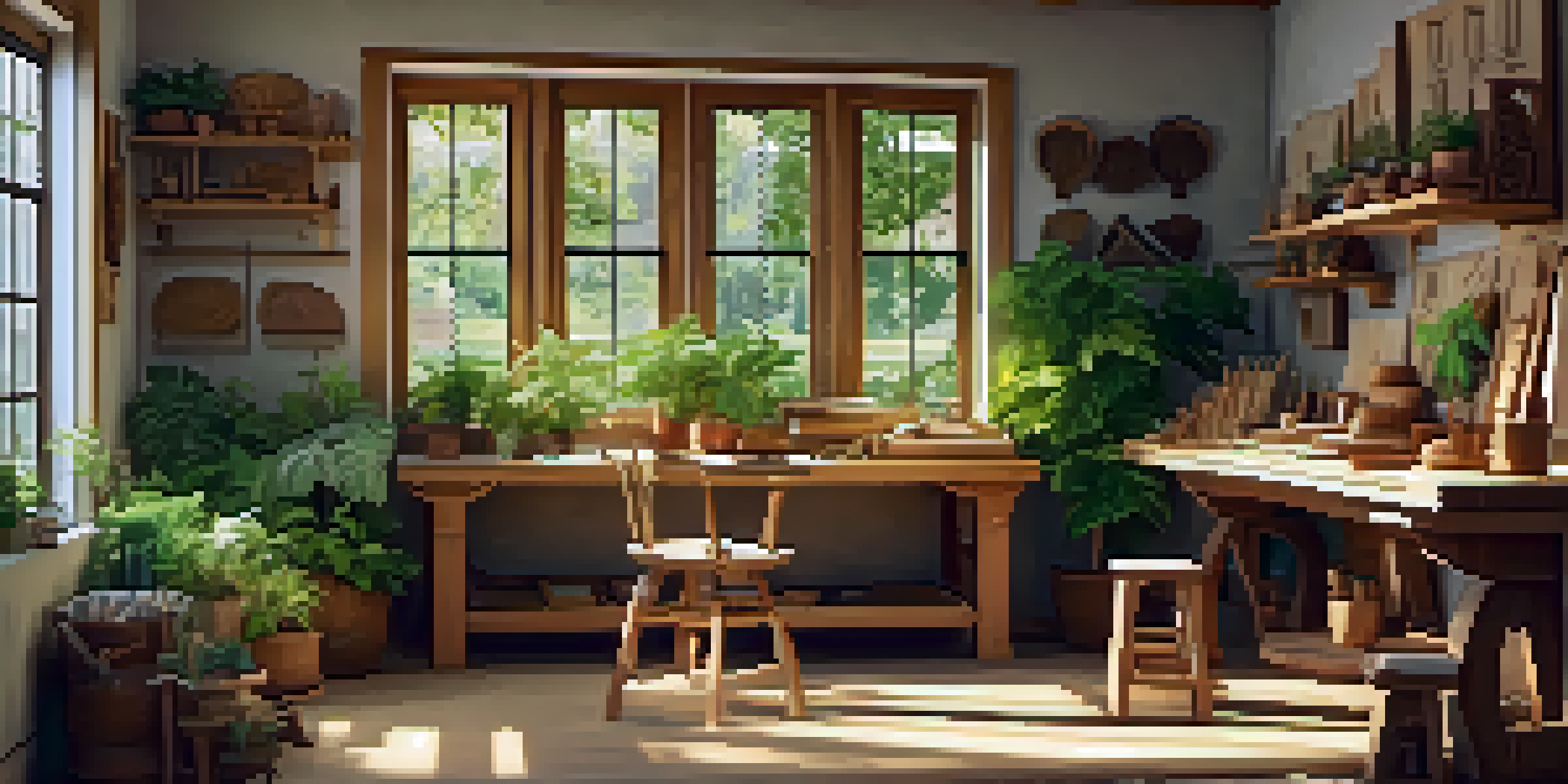 A cozy woodworking studio filled with natural light, featuring a wooden table with carving tools and green plants, evoking a peaceful and creative environment.