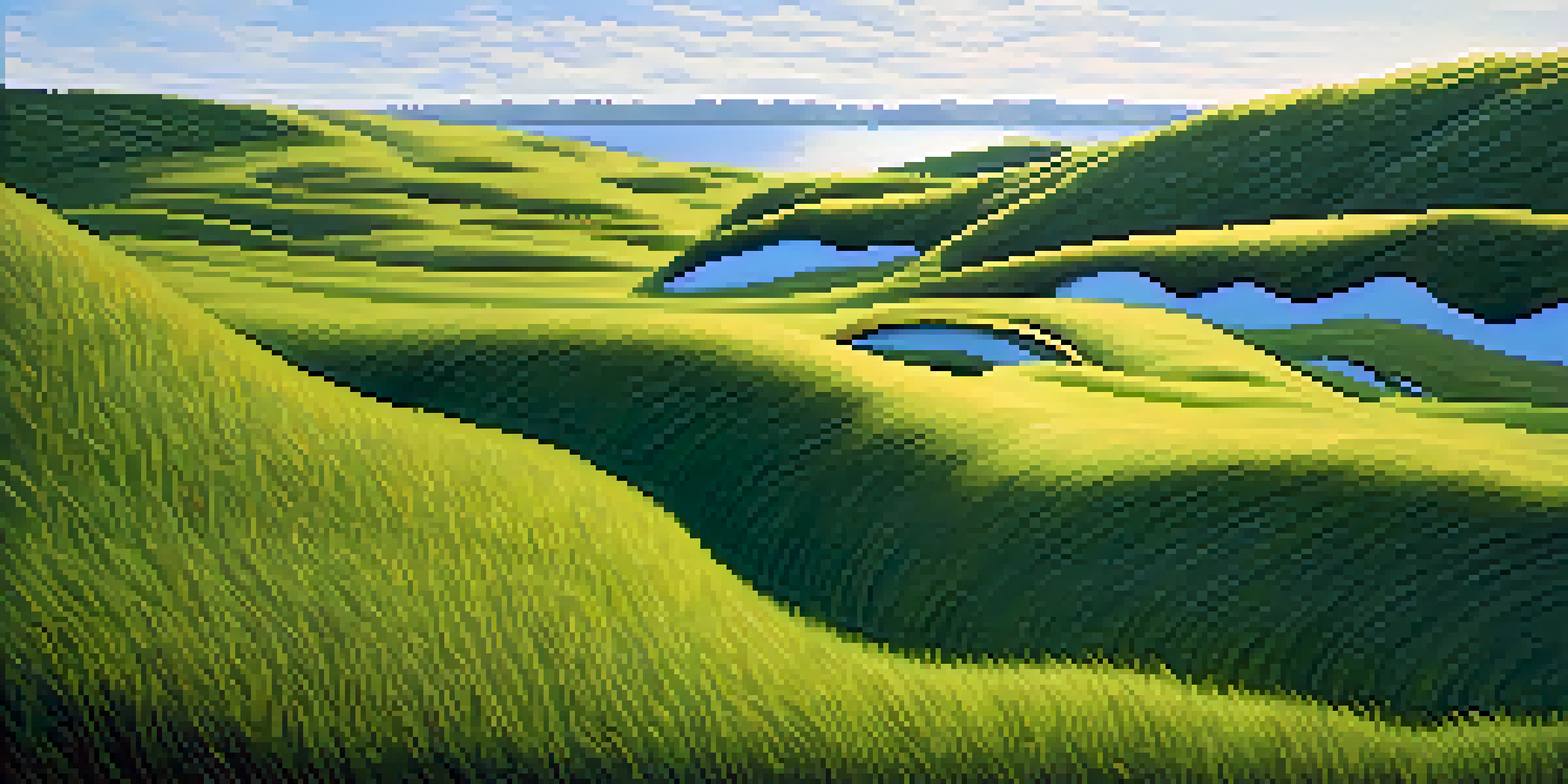 A tranquil landscape featuring rolling hills of grass that mimic water waves, illuminated by golden sunlight under a blue sky with fluffy clouds.