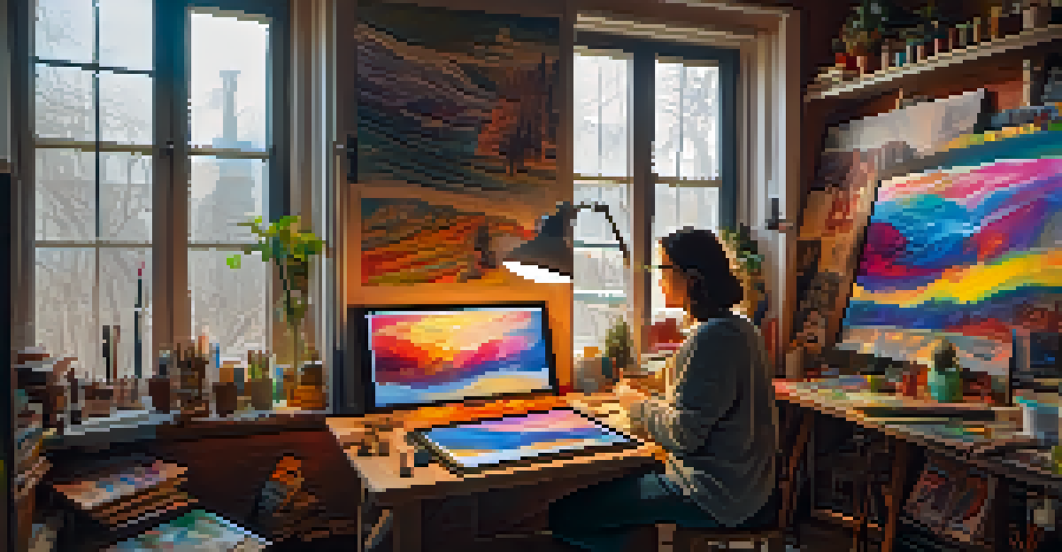 An artist working on a digital artwork in a cozy studio, surrounded by art supplies and illuminated by natural light.